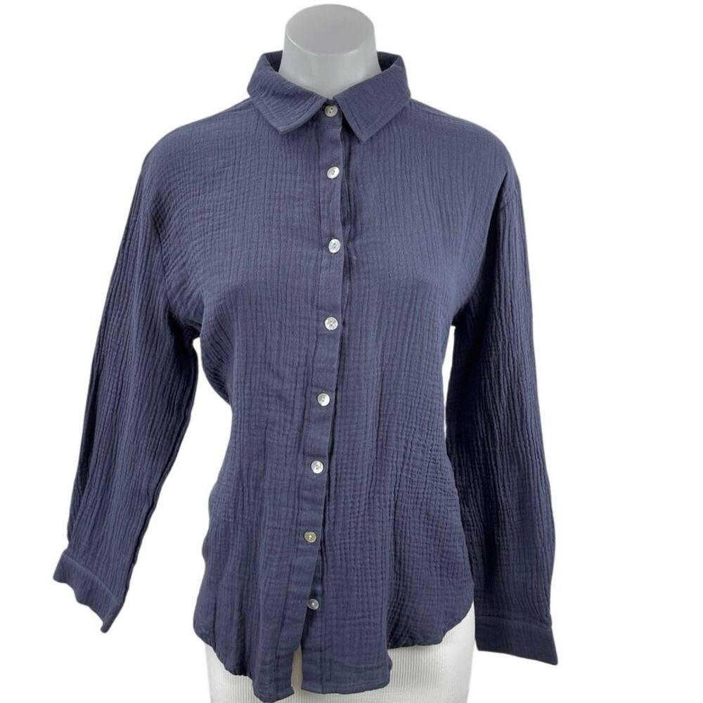 Princess Polly Women's Navy Blue Crinkle Long Sleeve Button Down Shirt Top Sz S